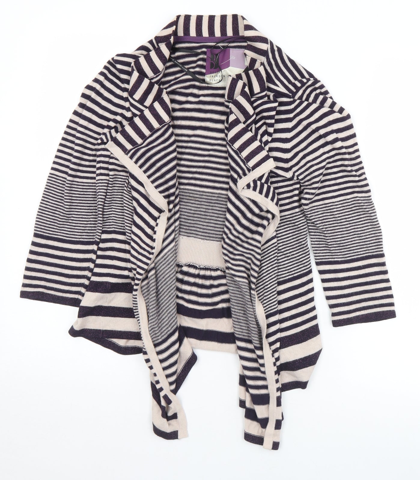 Betty Jackson Womens Black Collared Striped Viscose Cardigan Jumper Size 12