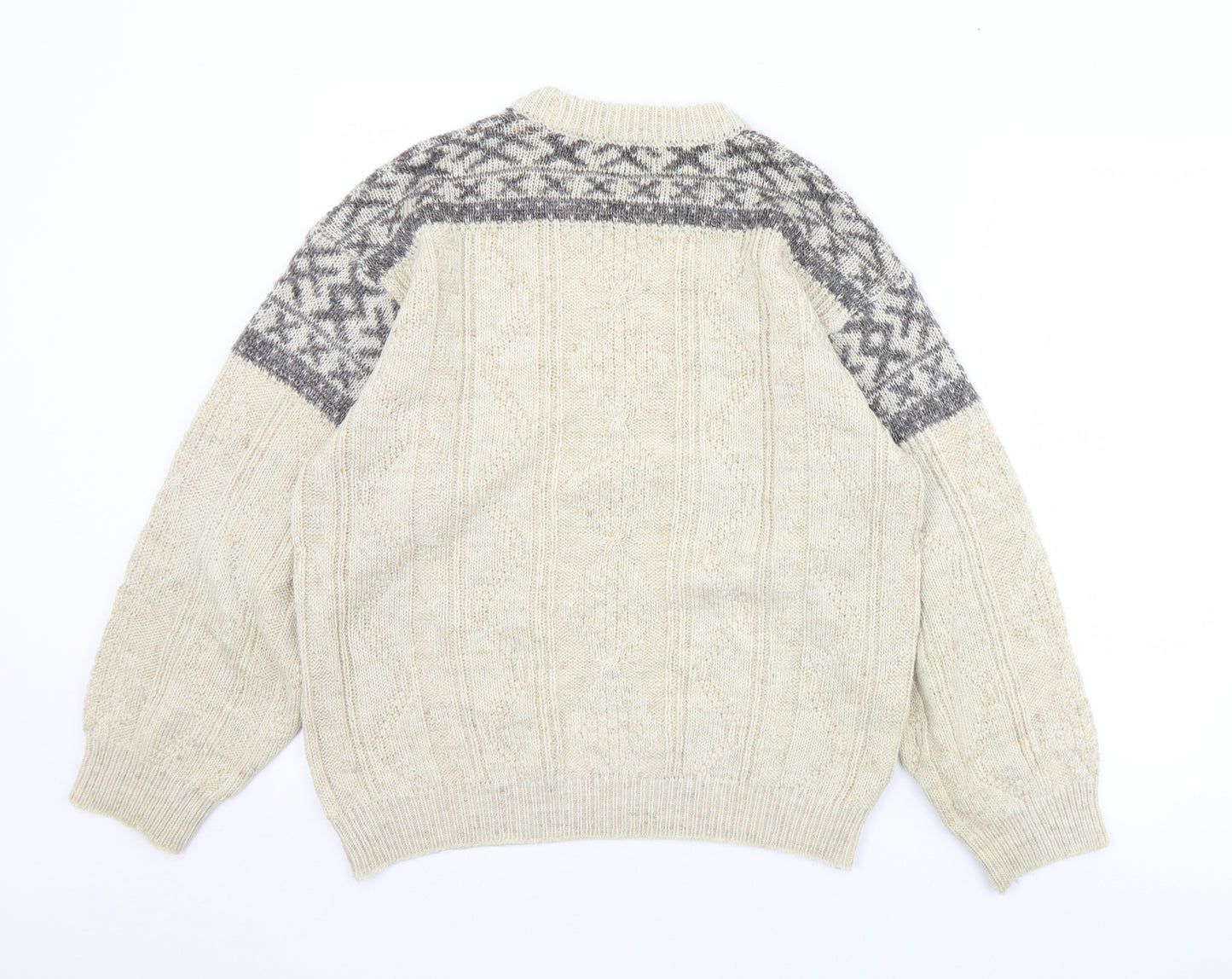 St Michael Mens Beige Crew Neck Geometric Wool Pullover Jumper Size M