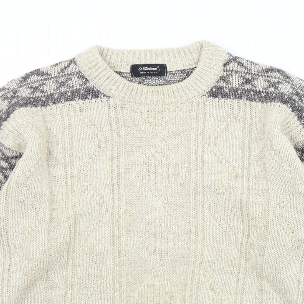 St Michael Mens Beige Crew Neck Geometric Wool Pullover Jumper Size M