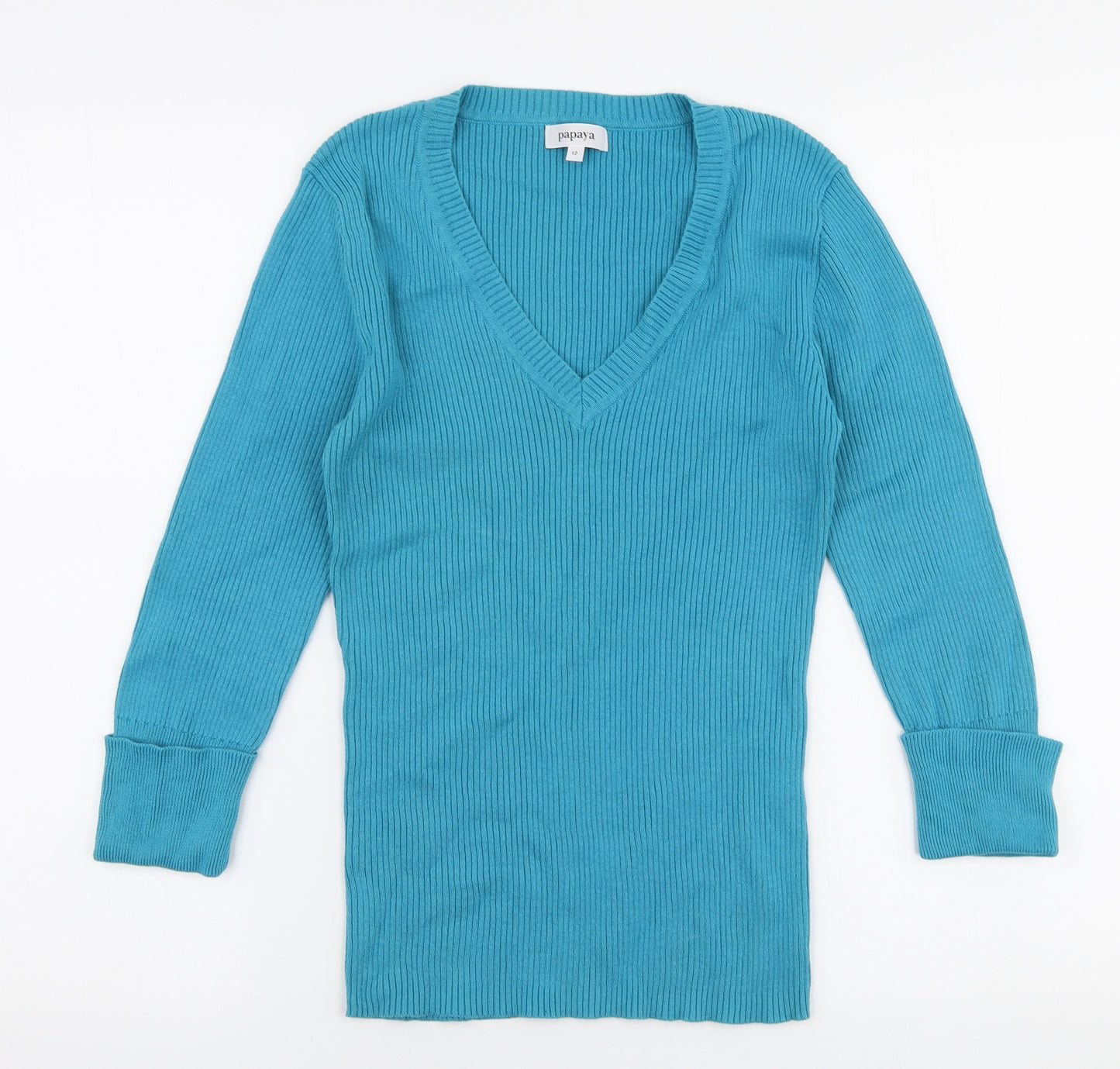 Papaya Womens Blue V-Neck  100% Cotton Pullover Jumper Size 12