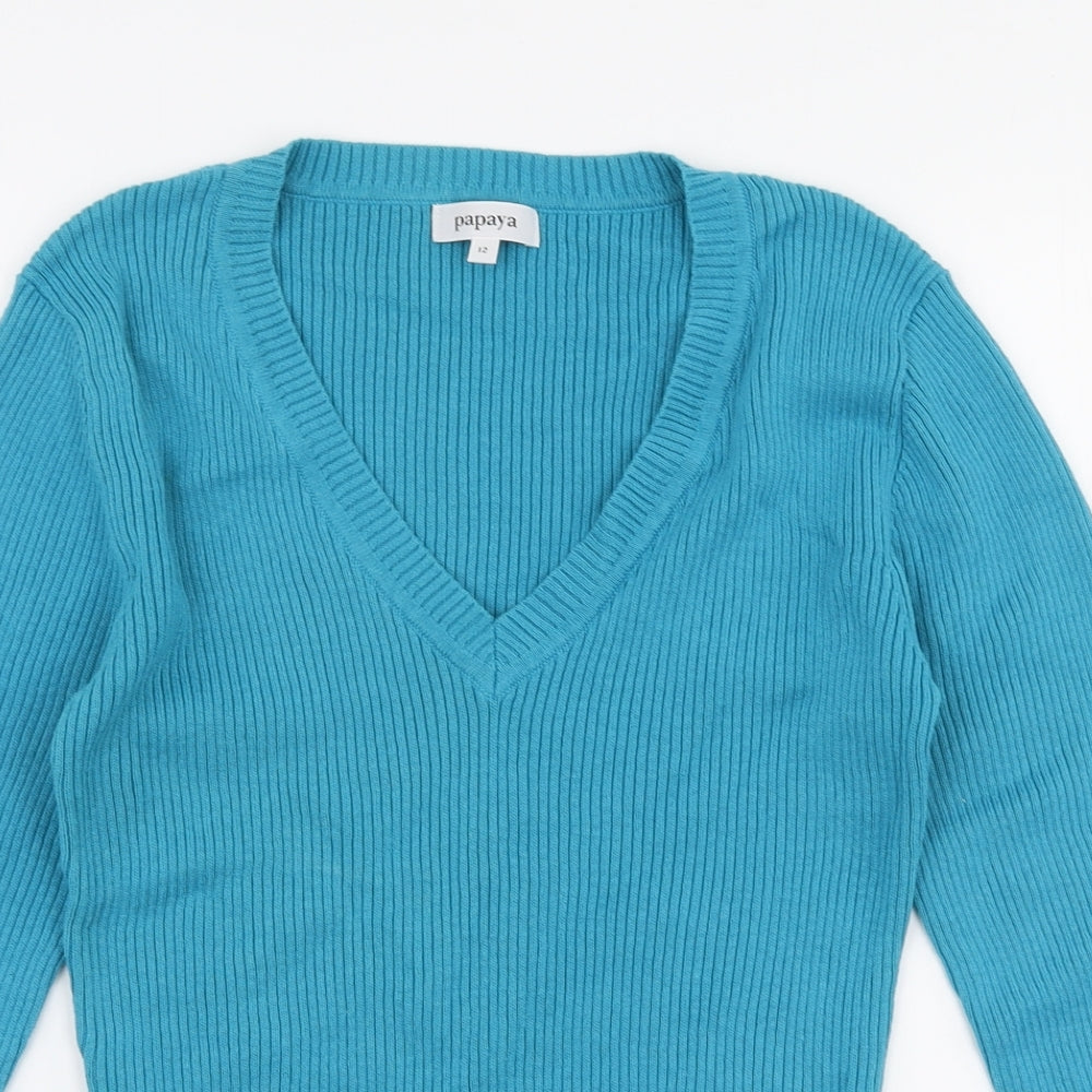 Papaya Womens Blue V-Neck  100% Cotton Pullover Jumper Size 12