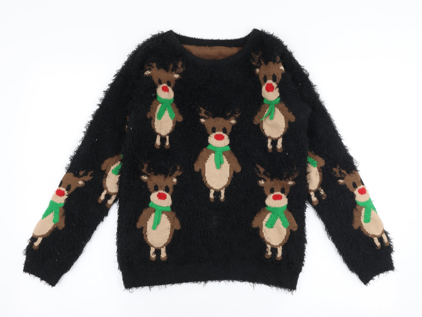 Nutmeg Girls Black Round Neck  Polyester Pullover Jumper Size 12-13 Years  Pullover - Christmas Reindeer