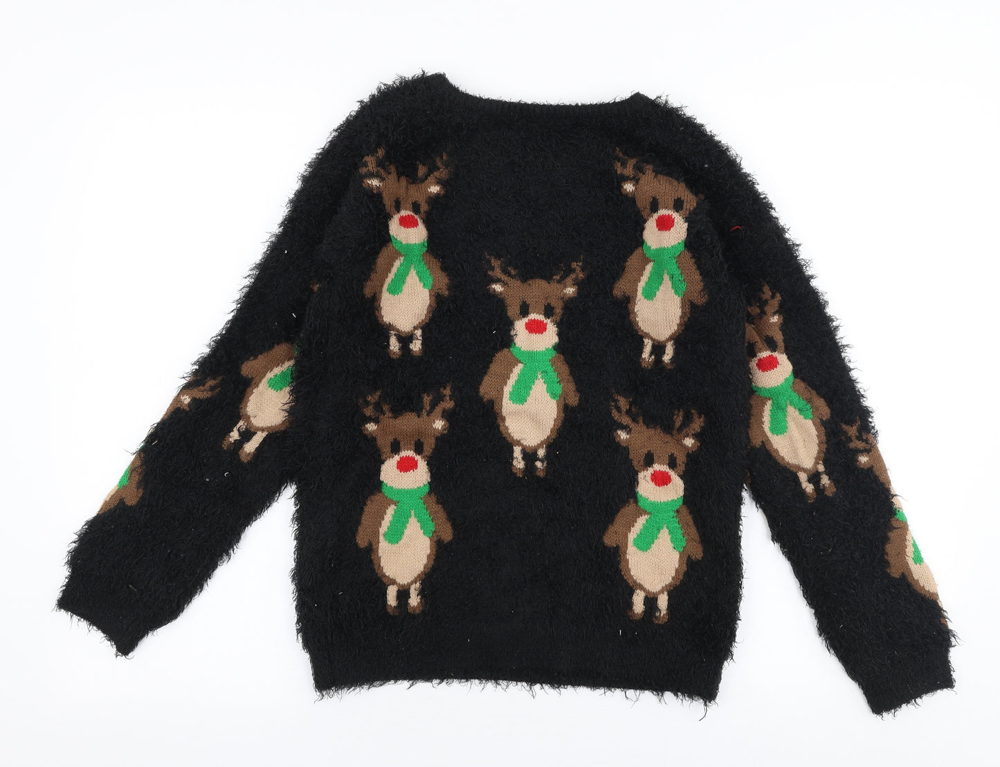 Nutmeg Girls Black Round Neck  Polyester Pullover Jumper Size 12-13 Years  Pullover - Christmas Reindeer