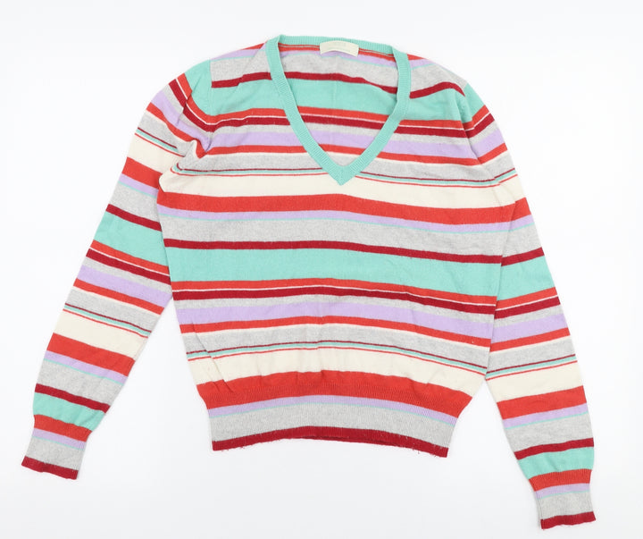 Marks and Spencer Womens Multicoloured V-Neck Striped Viscose Pullover Jumper Size 12