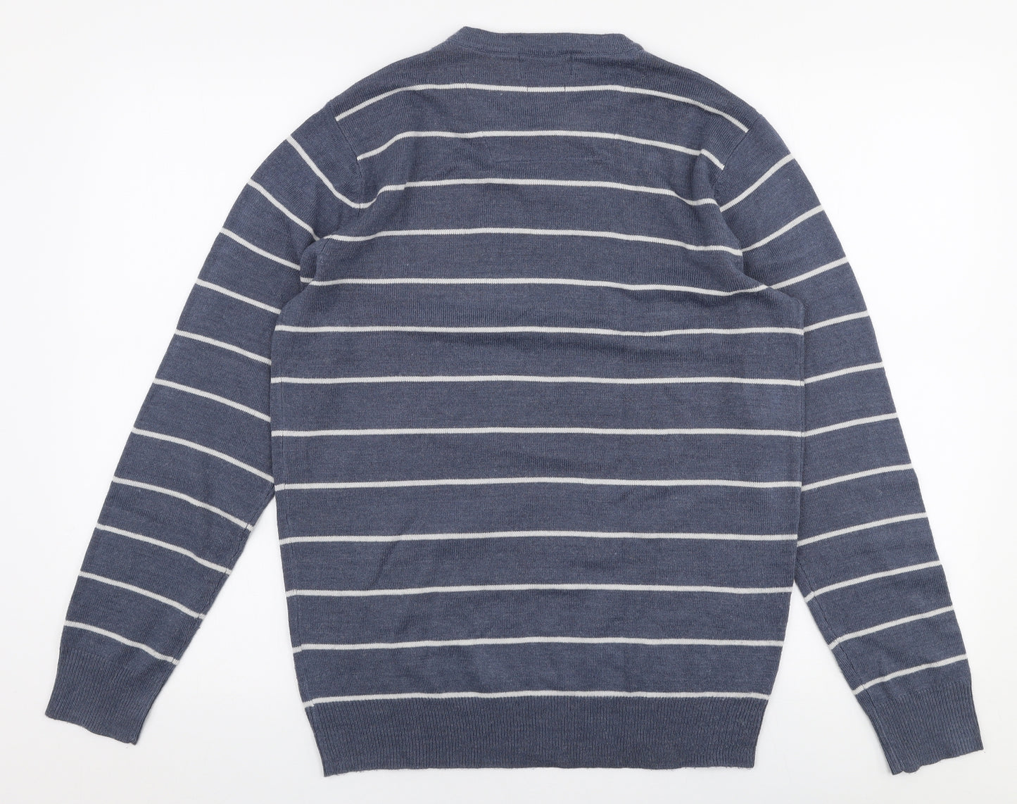 TU Mens Blue V-Neck Striped Acrylic Pullover Jumper Size S