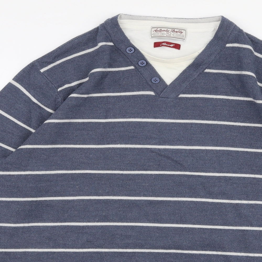TU Mens Blue V-Neck Striped Acrylic Pullover Jumper Size S