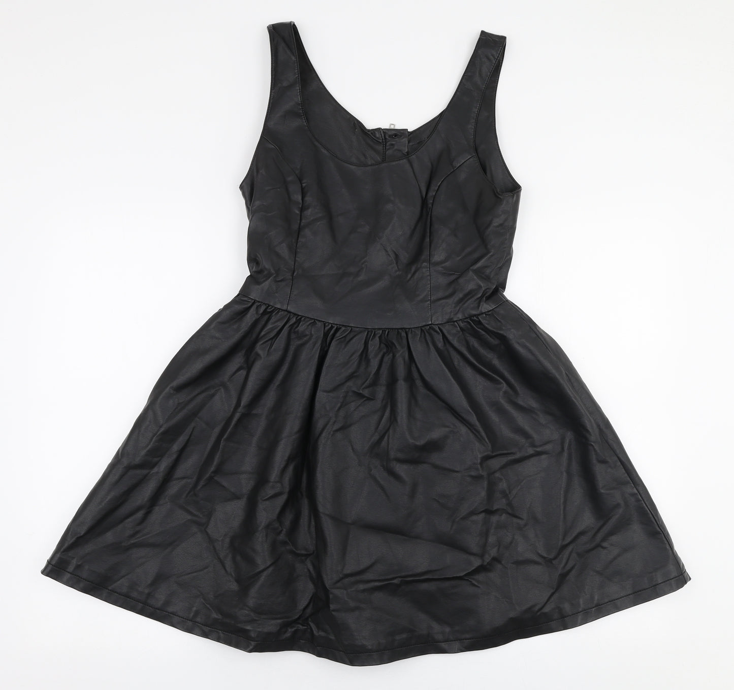 H&M Womens Black  Polyester Skater Dress  Size 10  Round Neck Zip