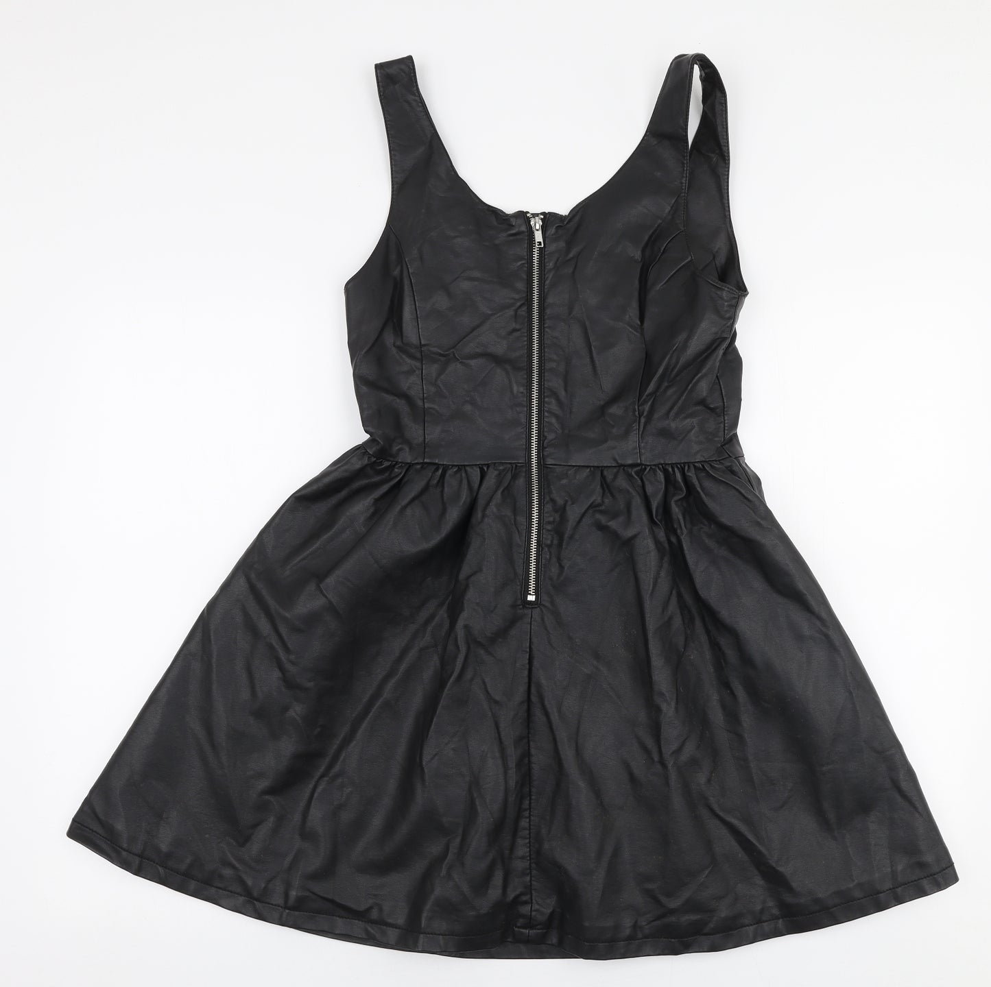 H&M Womens Black  Polyester Skater Dress  Size 10  Round Neck Zip