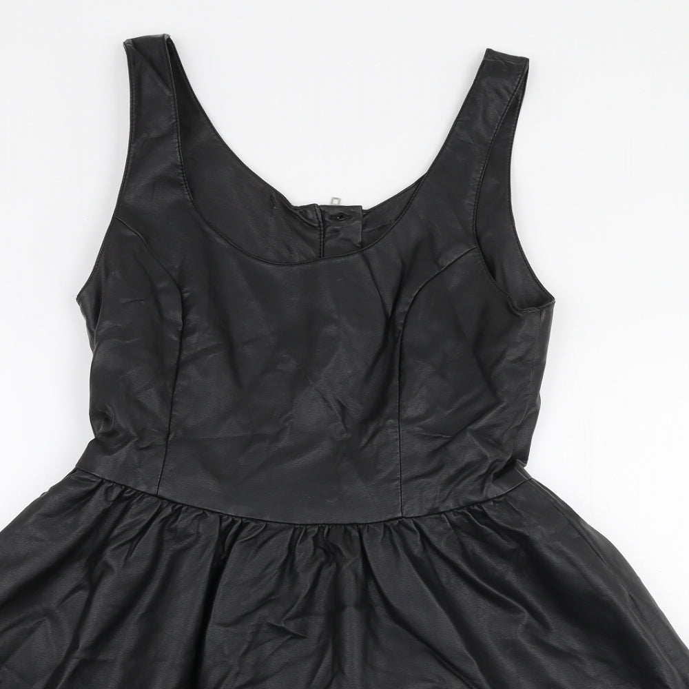 H&M Womens Black  Polyester Skater Dress  Size 10  Round Neck Zip