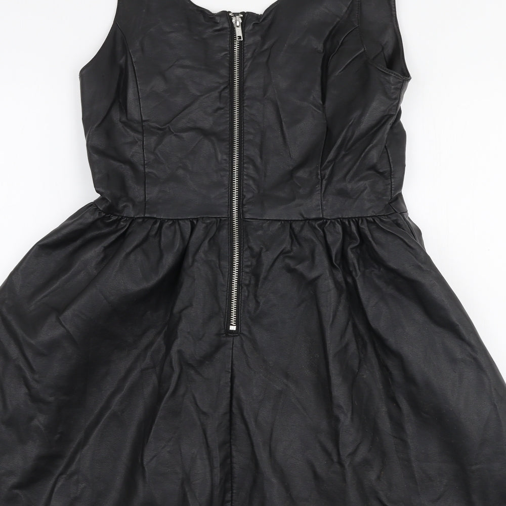 H&M Womens Black  Polyester Skater Dress  Size 10  Round Neck Zip
