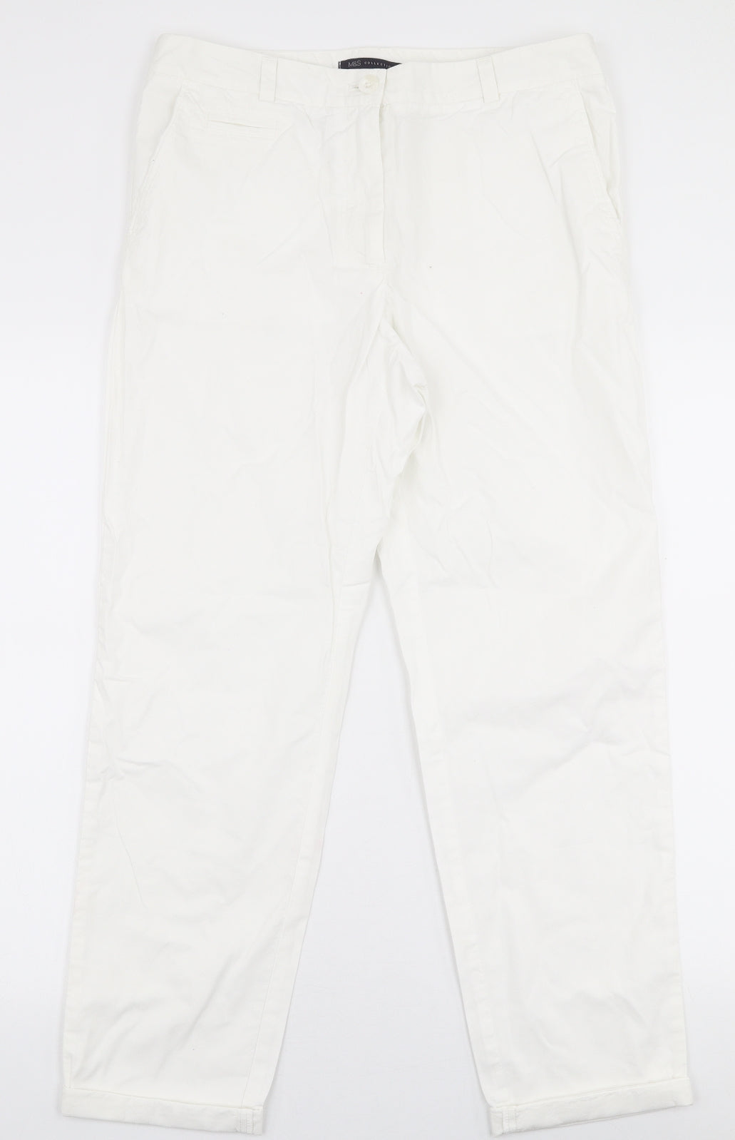 Marks and Spencer Womens White  Cotton Trousers  Size 12 L27 in Regular Zip