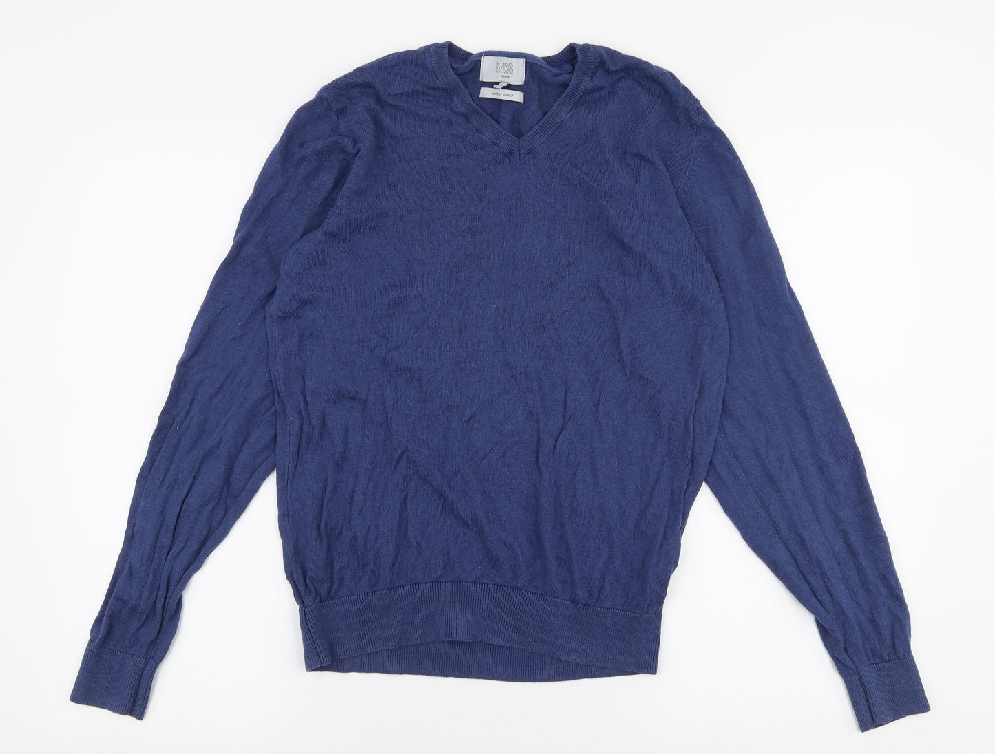 Marks and Spencer Mens Blue V-Neck  Cotton Pullover Jumper Size M