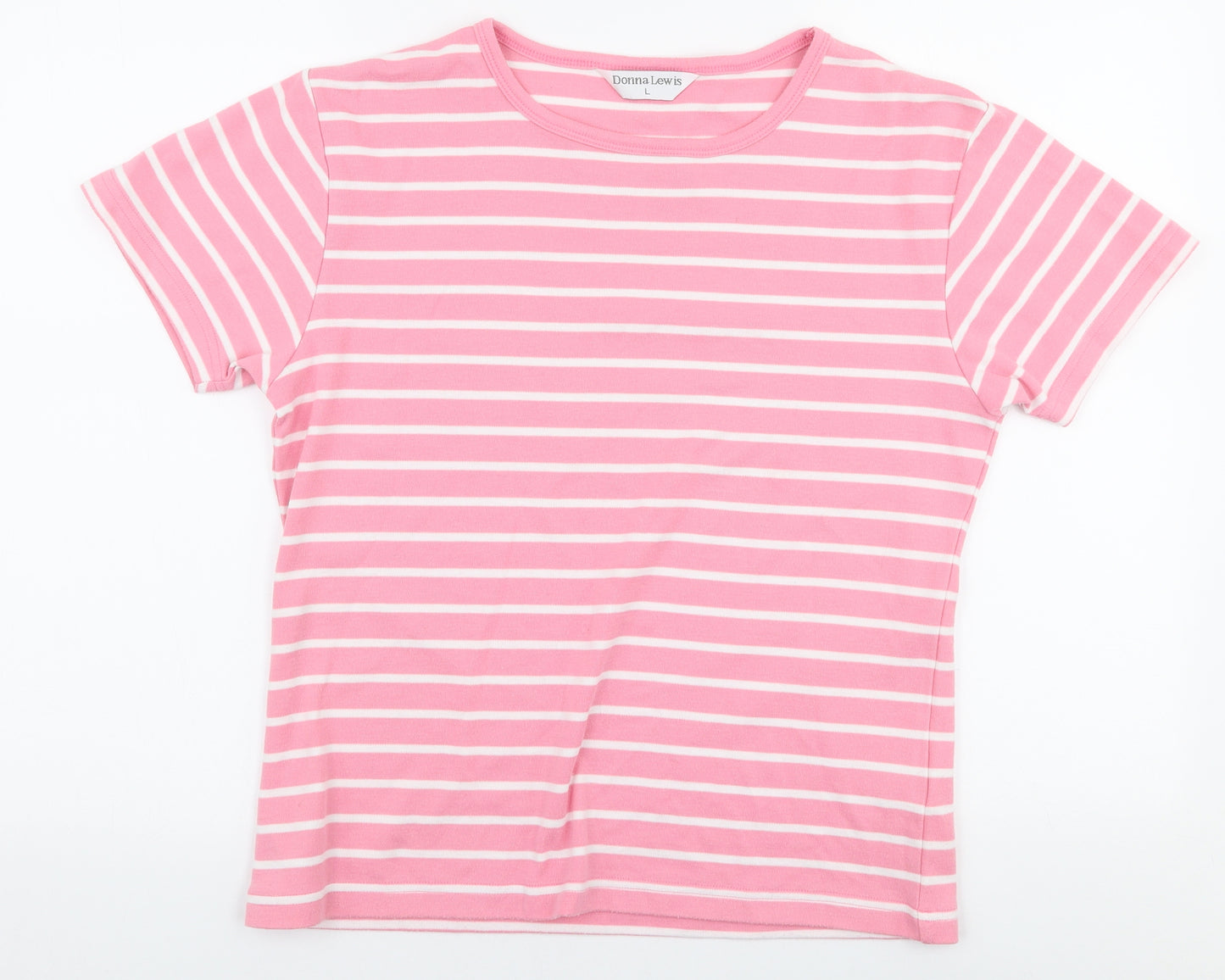 Donna Lewis Womens Pink Striped Polyester Jersey T-Shirt Size L Round Neck