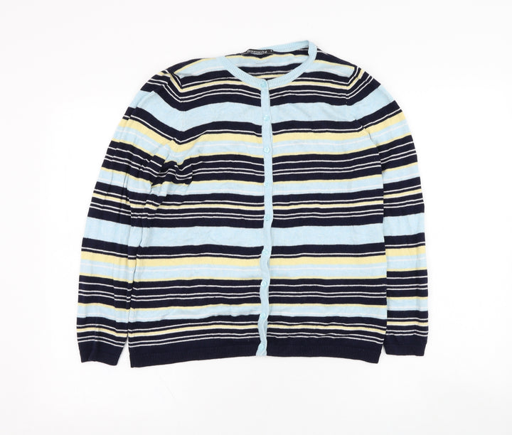 Bonmarché Womens Blue Round Neck Striped Viscose Cardigan Jumper Size S