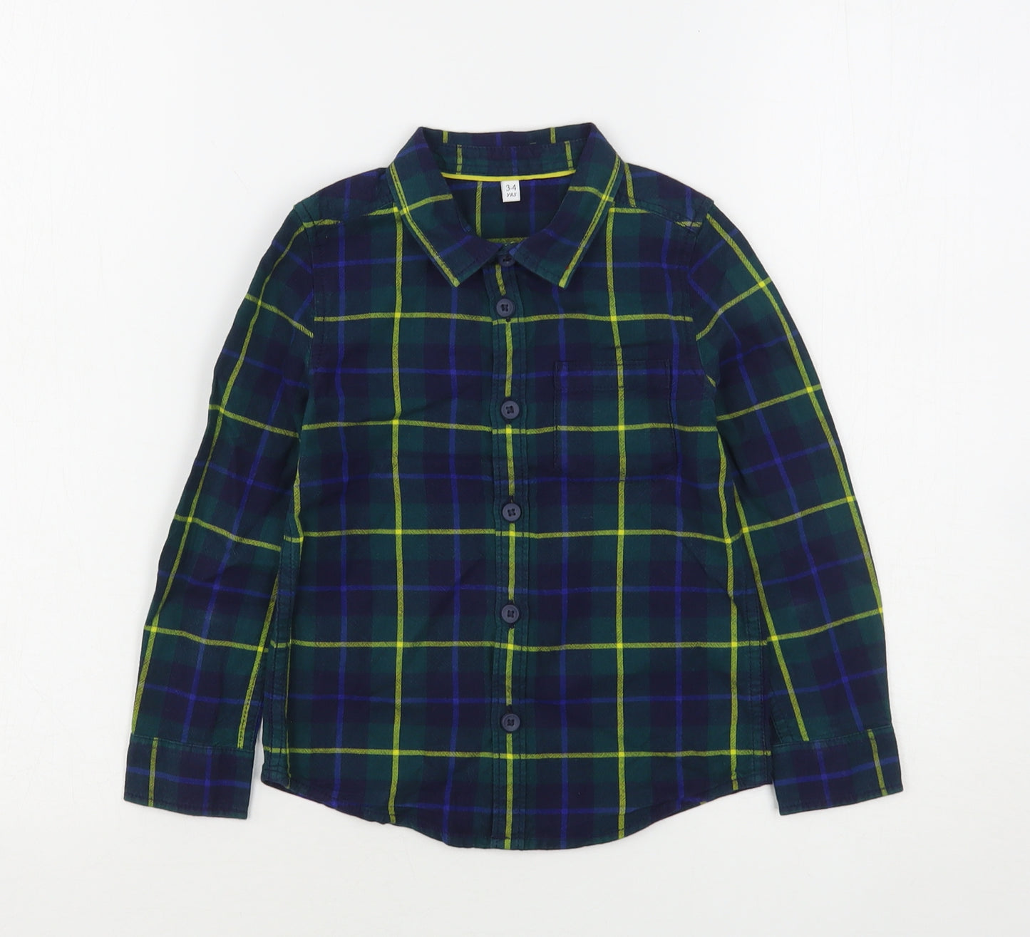 Marks and Spencer Boys Green Plaid Cotton Basic Button-Up Size 3-4 Years Collared