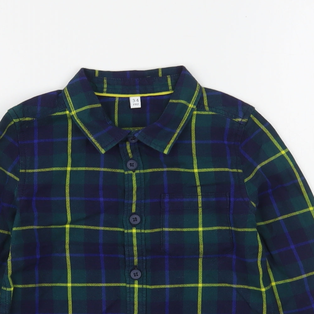Marks and Spencer Boys Green Plaid Cotton Basic Button-Up Size 3-4 Years Collared
