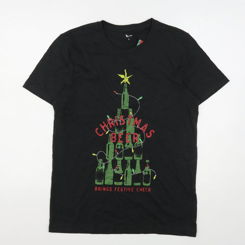 TU Mens Black  Cotton  T-Shirt Size S Round Neck  - Christmas