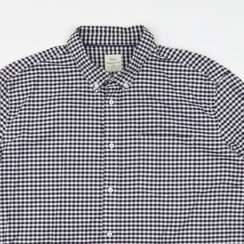 Marks and Spencer Mens Blue Check Cotton  Button-Up Size 2XL Collared