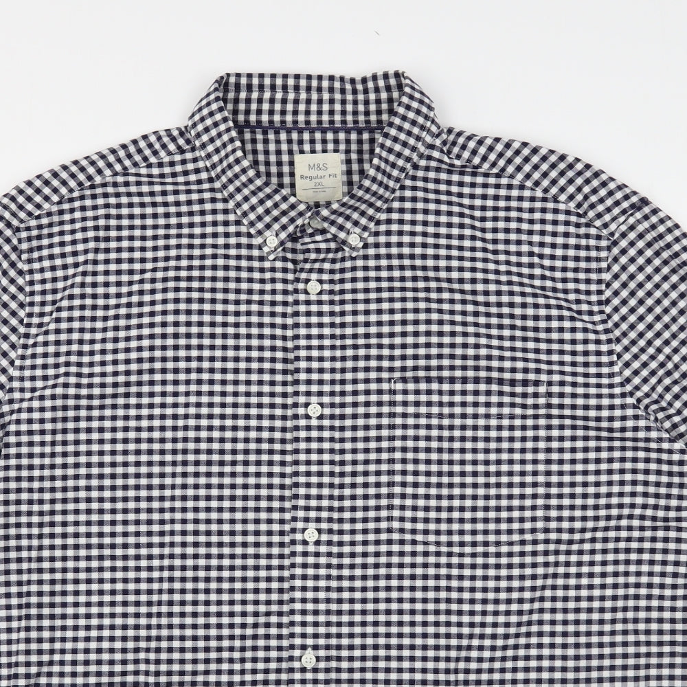 Marks and Spencer Mens Blue Check Cotton  Button-Up Size 2XL Collared
