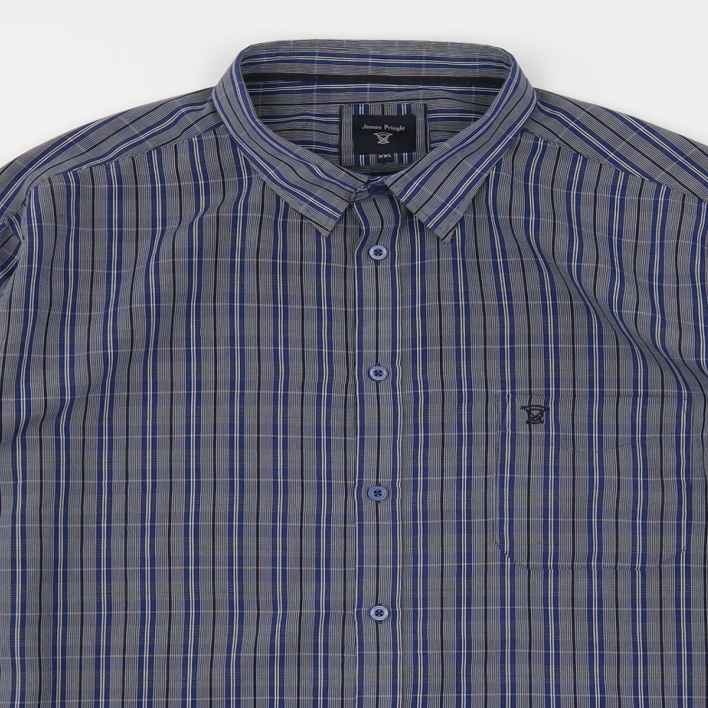 James Pringle Mens Blue Striped Polyester  Button-Up Size 2XL Collared