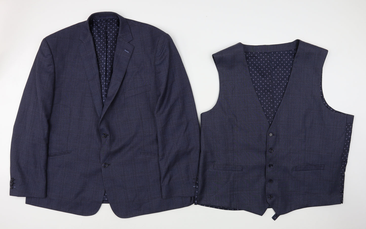 Preworn Mens Blue Check Polyester 3 Piece Suit Size 50