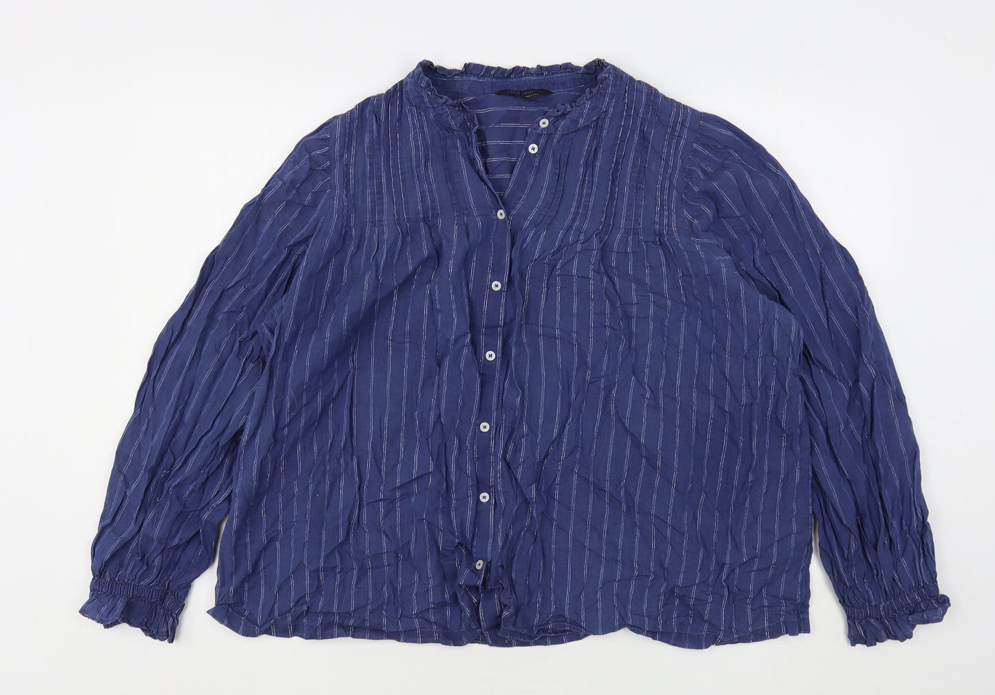 Marks and Spencer Womens Blue Striped Cotton Basic Button-Up Size 18 V-Neck