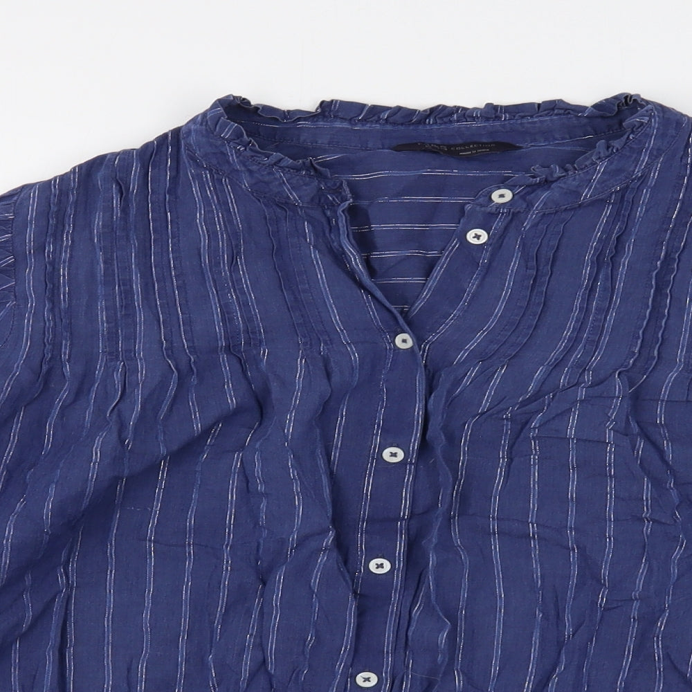 Marks and Spencer Womens Blue Striped Cotton Basic Button-Up Size 18 V-Neck