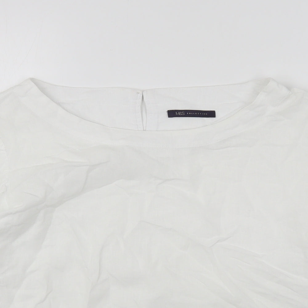 Marks and Spencer Womens White  Linen Basic T-Shirt Size 16 Round Neck