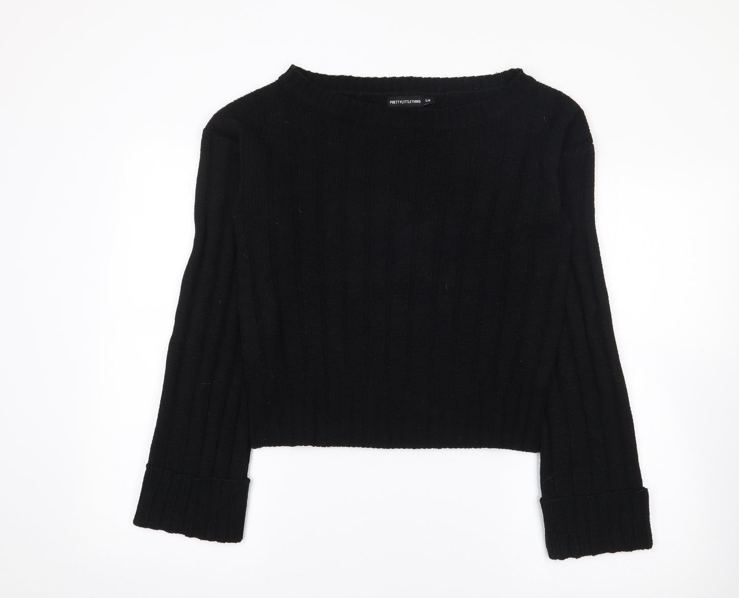 Pretty Little Thing Womens Black Boat Neck  Acrylic Pullover Jumper Size S   - Ribbed