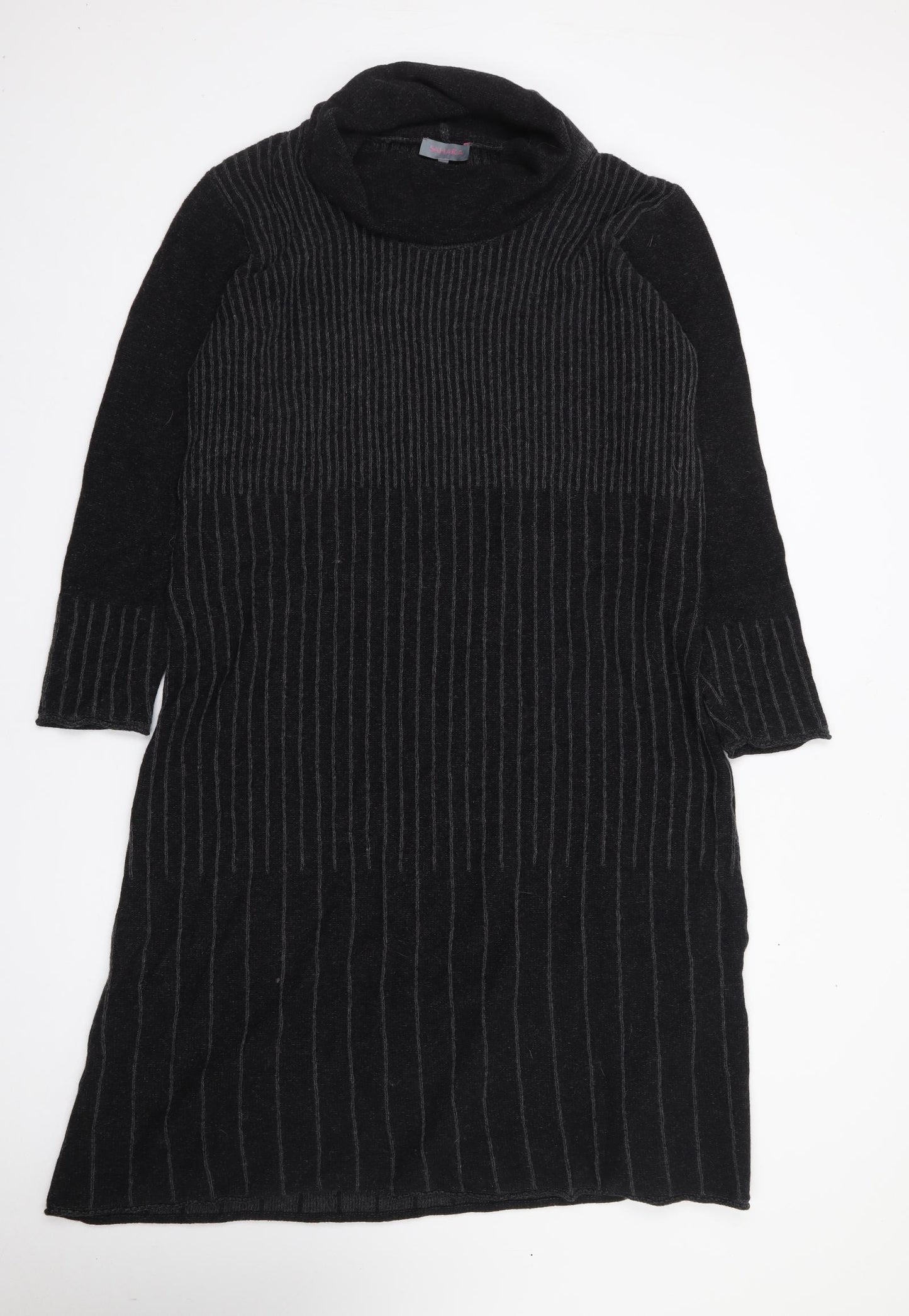 Sahara Womens Grey Striped Wool Jumper Dress  Size L  Roll Neck Pullover