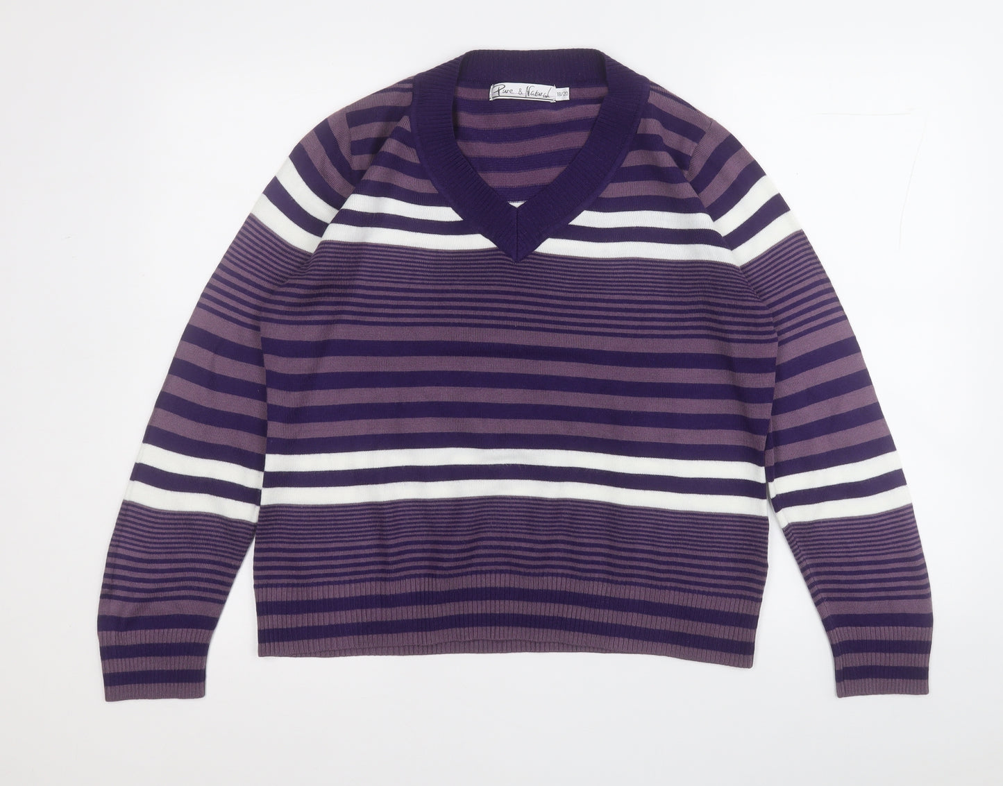 Pure and Natural Womens Purple V-Neck Striped Acrylic Pullover Jumper Size 18