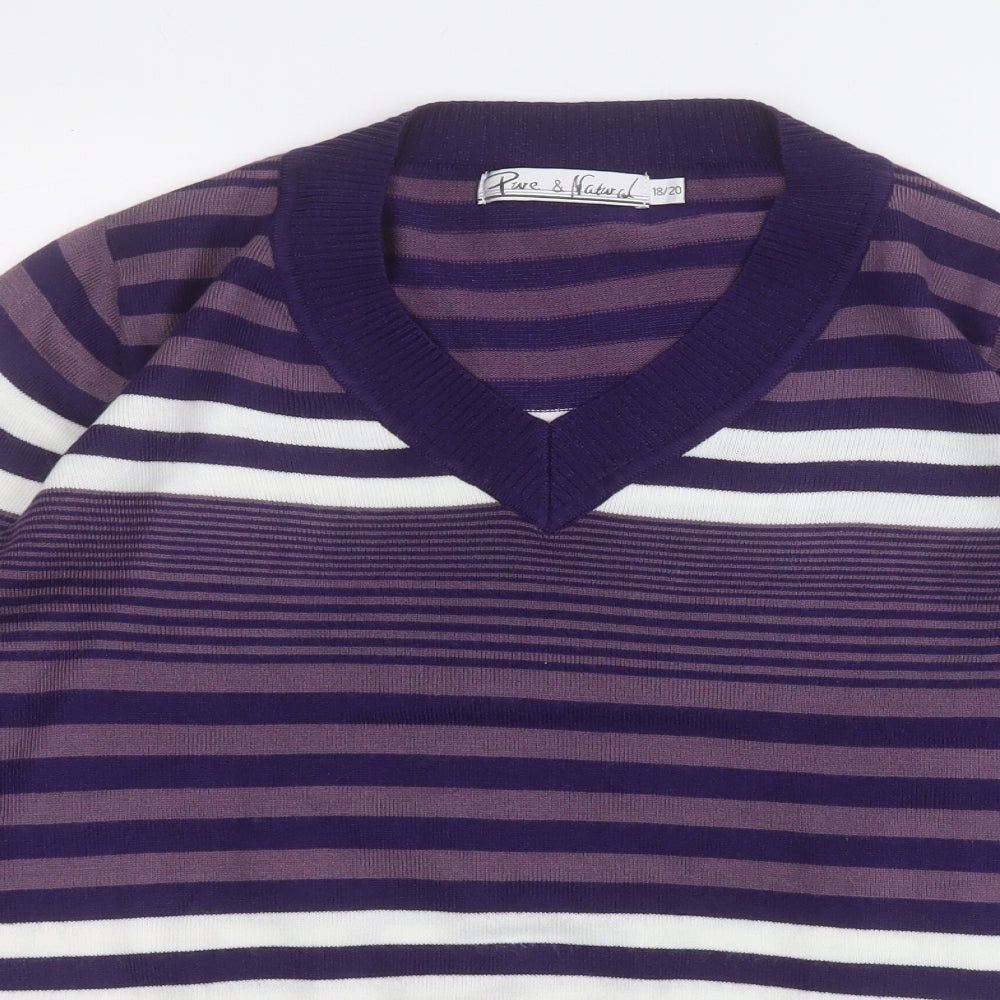 Pure and Natural Womens Purple V-Neck Striped Acrylic Pullover Jumper Size 18