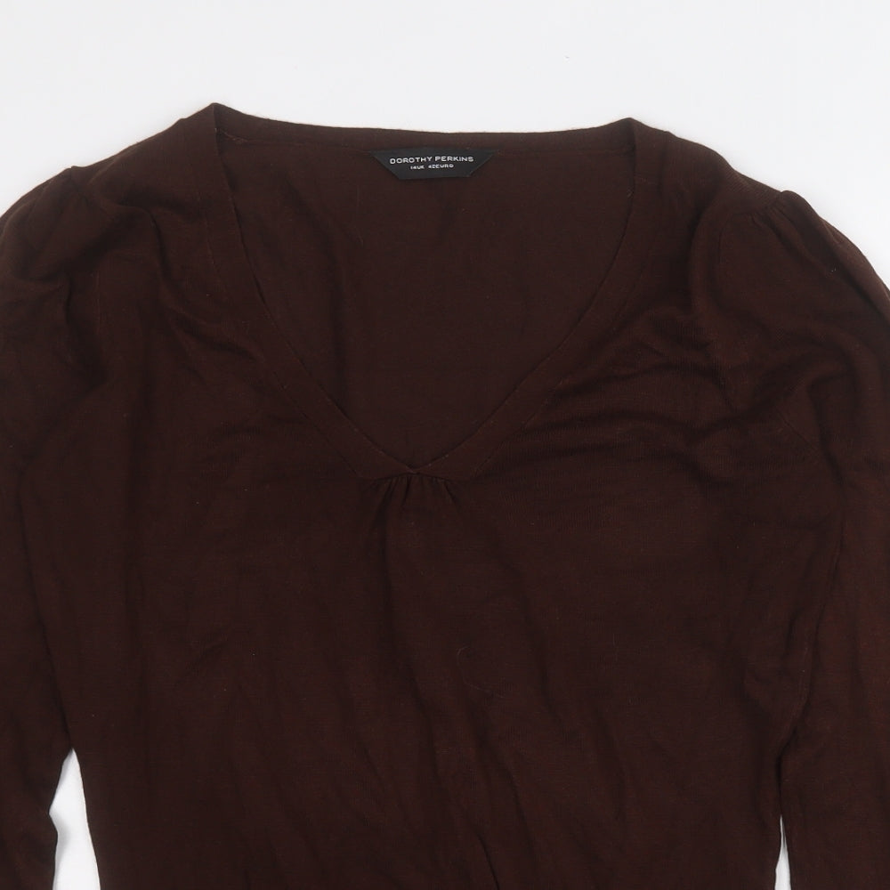 Dorothy Perkins Womens Brown V-Neck  Viscose Pullover Jumper Size 14