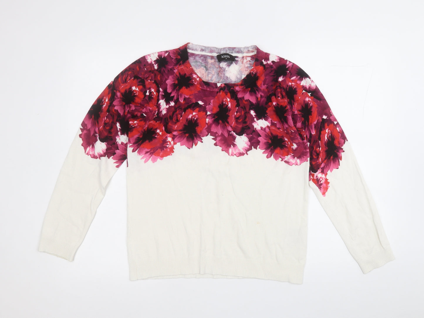 Klass Womens White Round Neck Floral Viscose Henley Jumper Size M