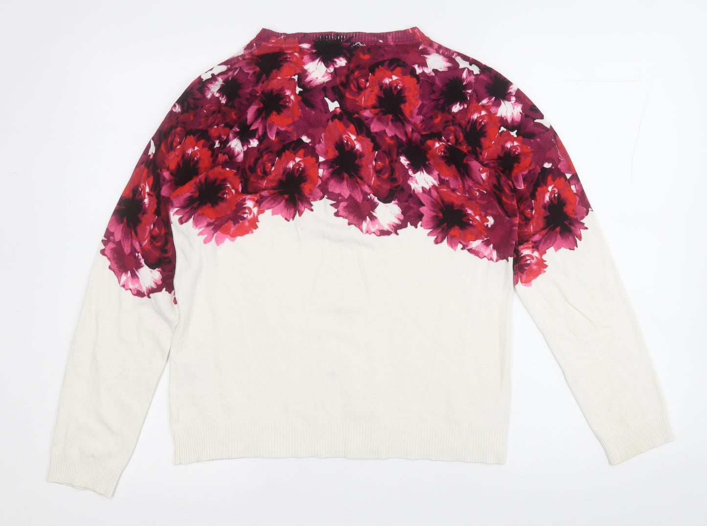 Klass Womens White Round Neck Floral Viscose Henley Jumper Size M
