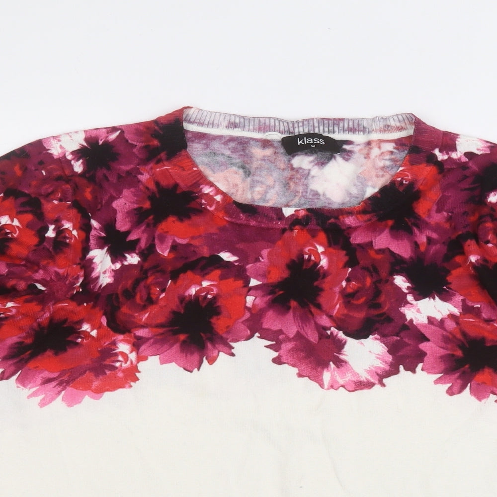Klass Womens White Round Neck Floral Viscose Henley Jumper Size M