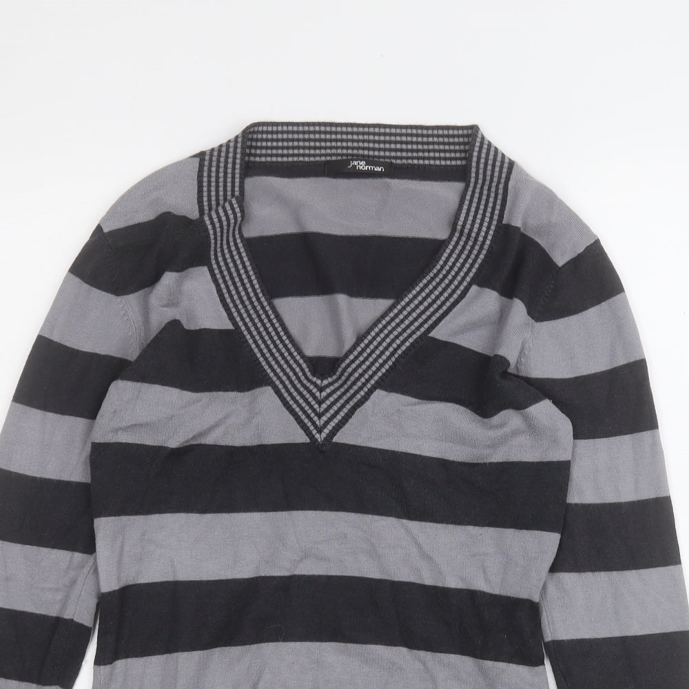 Jane Norman Womens Grey V-Neck Striped Viscose Pullover Jumper Size 14