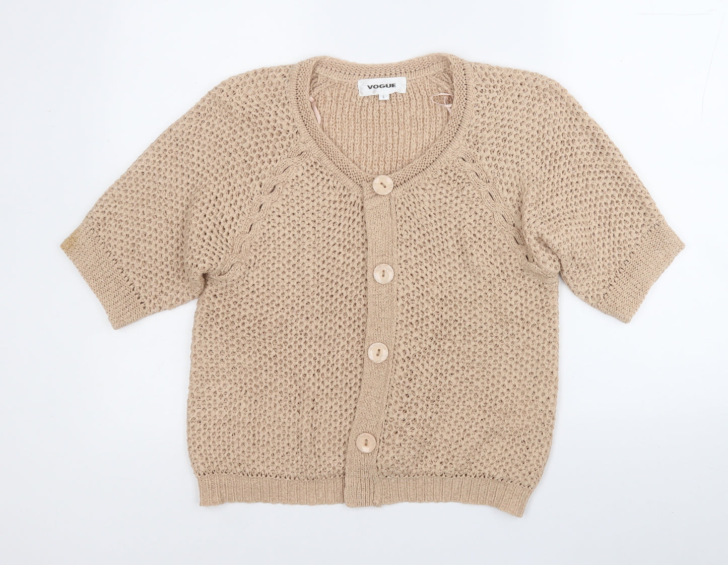 Vogue Womens Beige Round Neck  Acrylic Cardigan Jumper Size L