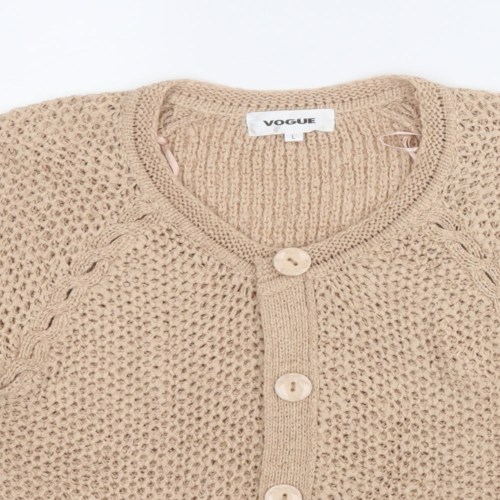 Vogue Womens Beige Round Neck  Acrylic Cardigan Jumper Size L