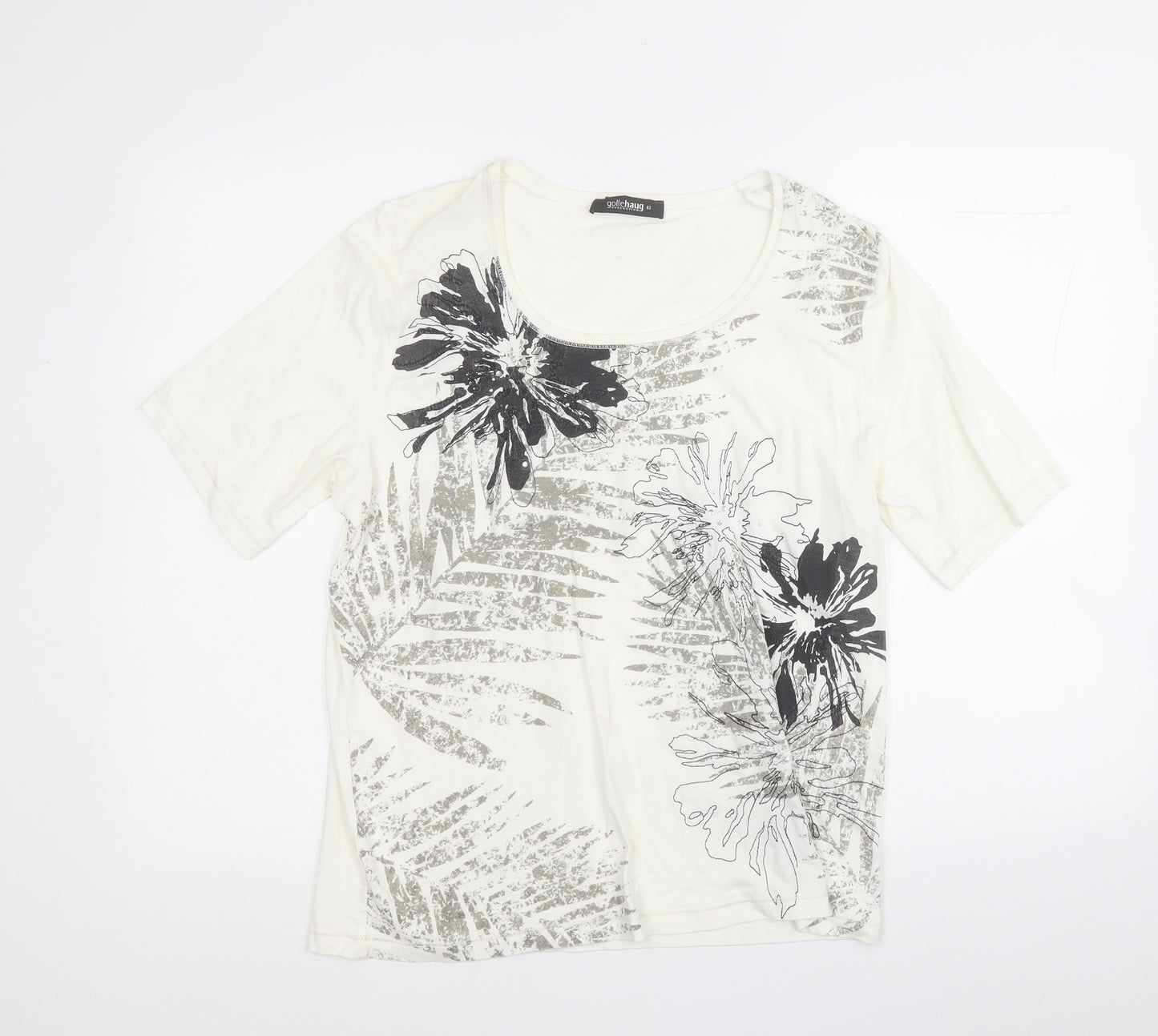 Gollehaug Collection Womens White Floral Viscose Basic T-Shirt Size 14 Round Neck