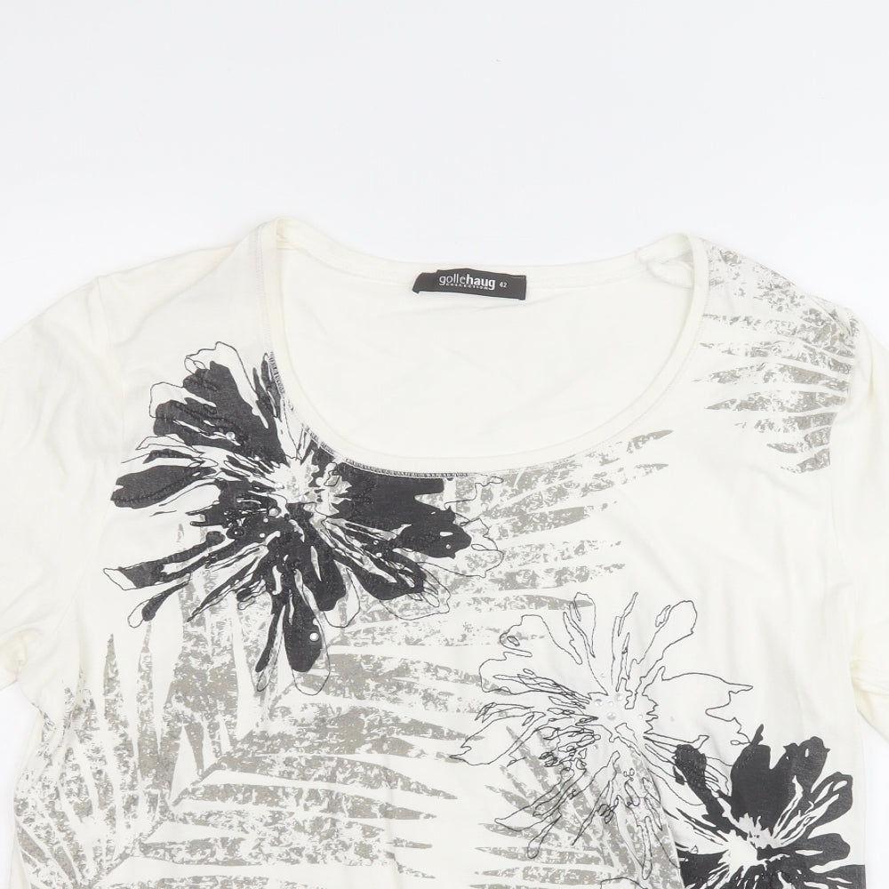 Gollehaug Collection Womens White Floral Viscose Basic T-Shirt Size 14 Round Neck