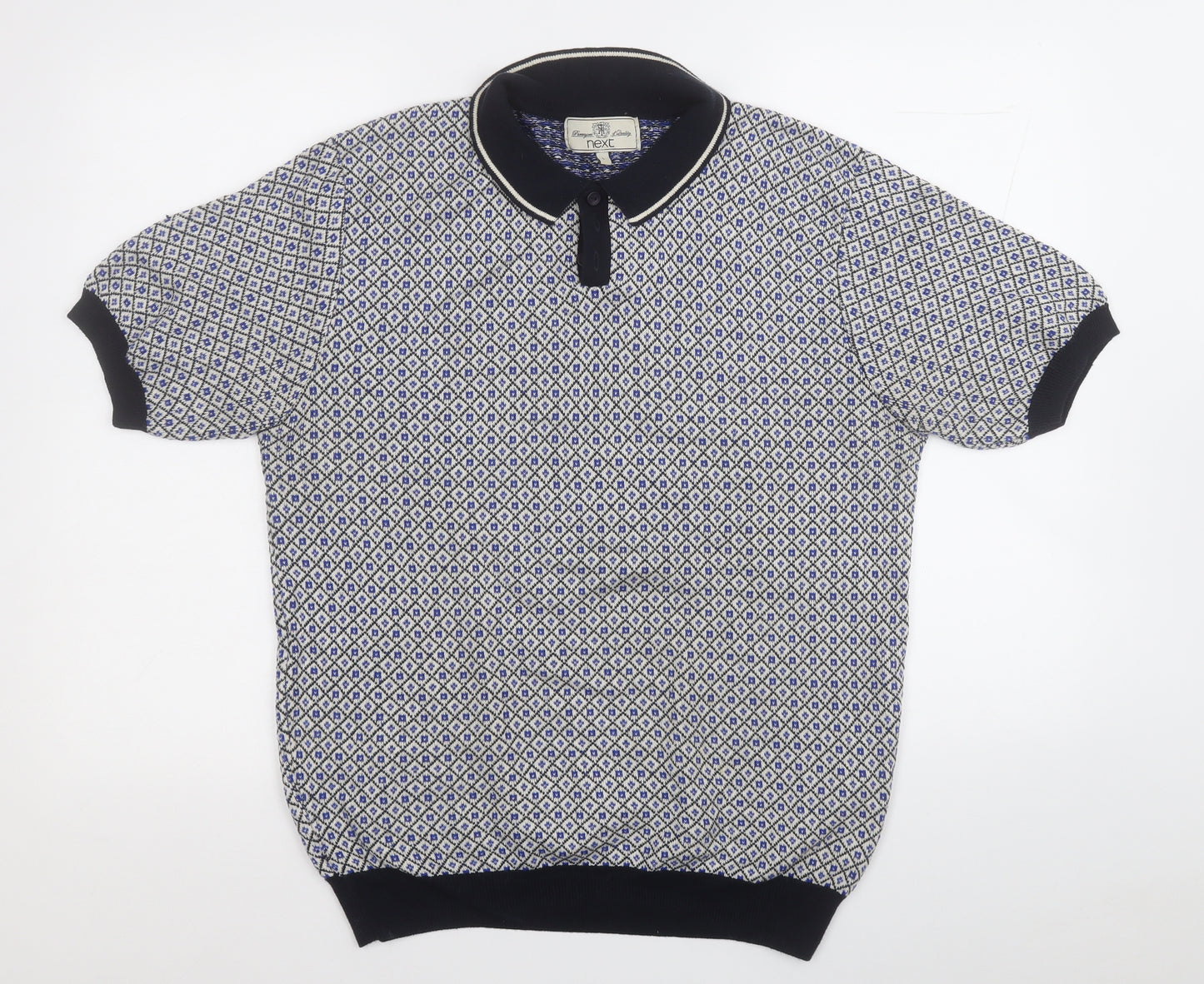 NEXT Mens Blue Geometric Cotton  Polo Size L Collared