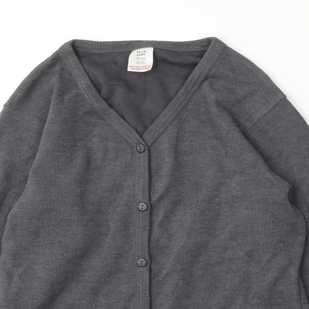 Preworn Girls Grey V-Neck  Cotton Cardigan Jumper Size 12-13 Years