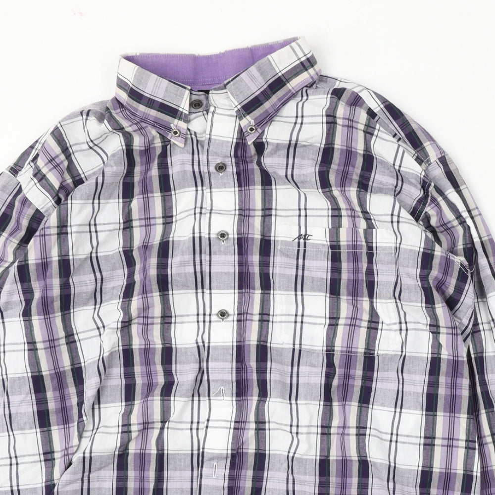 Meantime Mens Purple Plaid Cotton  Button-Up Size L Collared Button
