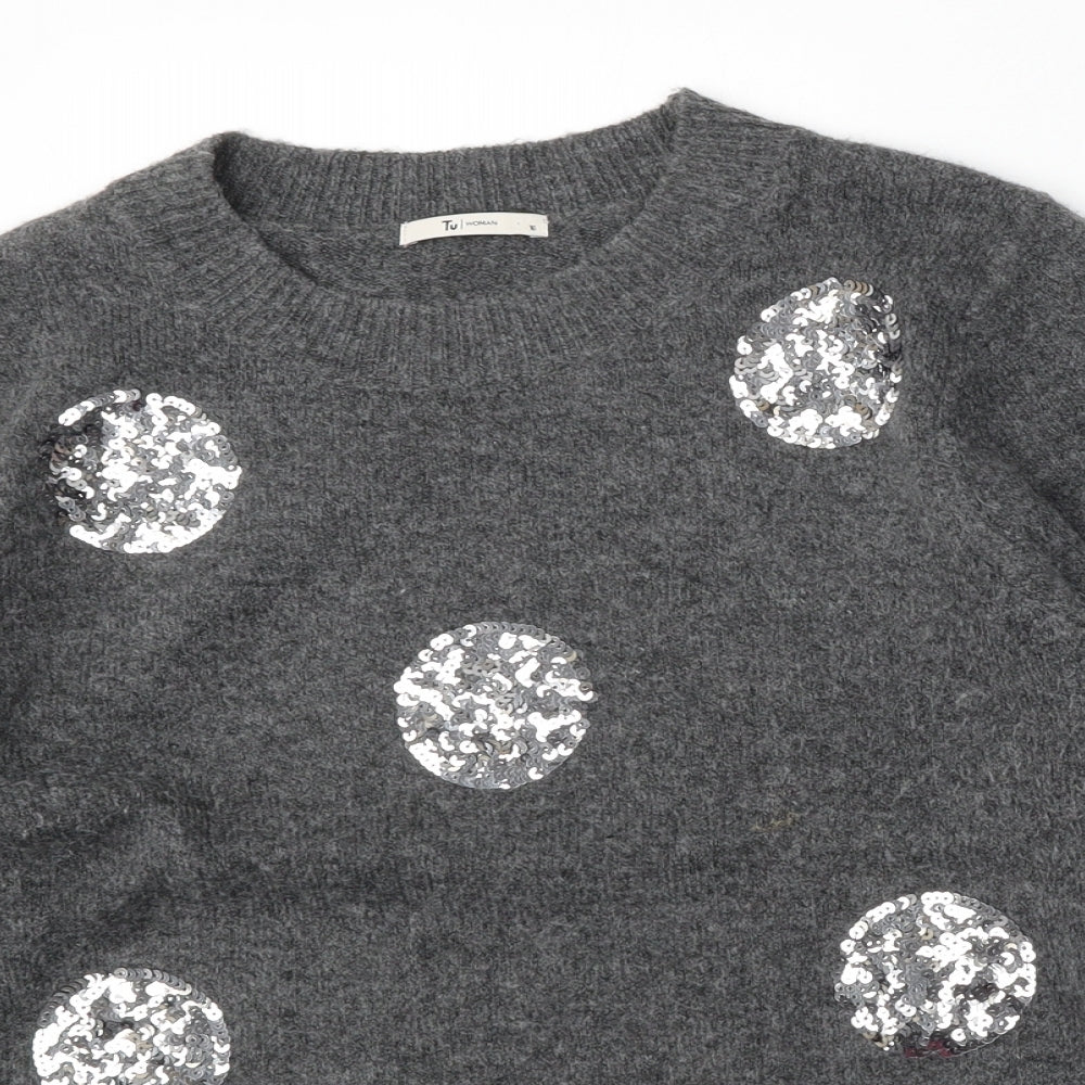 TU Womens Grey Round Neck  Acrylic Pullover Jumper Size 16