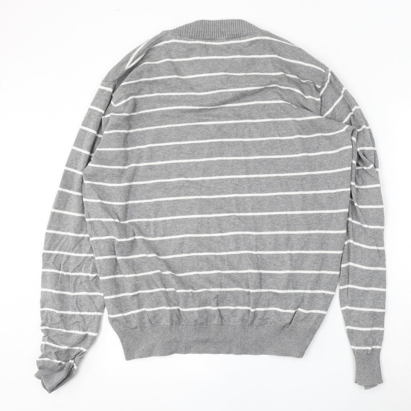 BHS Mens Grey V-Neck Striped Cotton Pullover Jumper Size XL