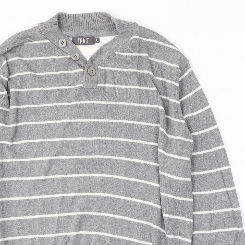 BHS Mens Grey V-Neck Striped Cotton Pullover Jumper Size XL