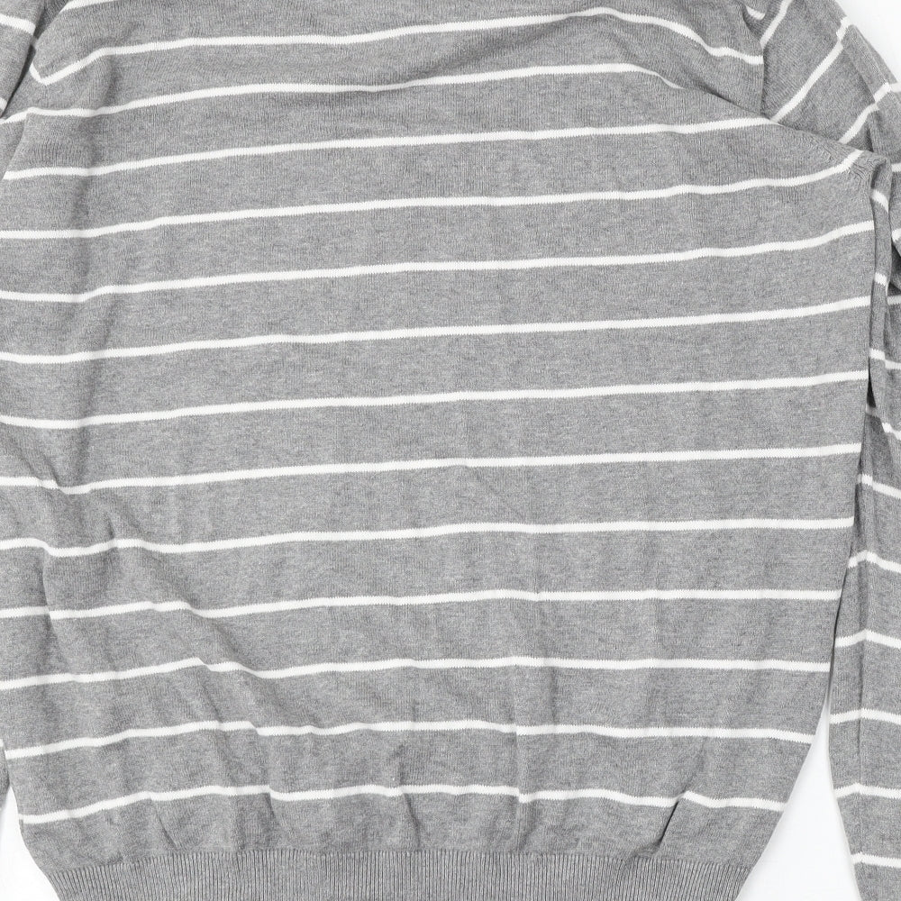 BHS Mens Grey V-Neck Striped Cotton Pullover Jumper Size XL
