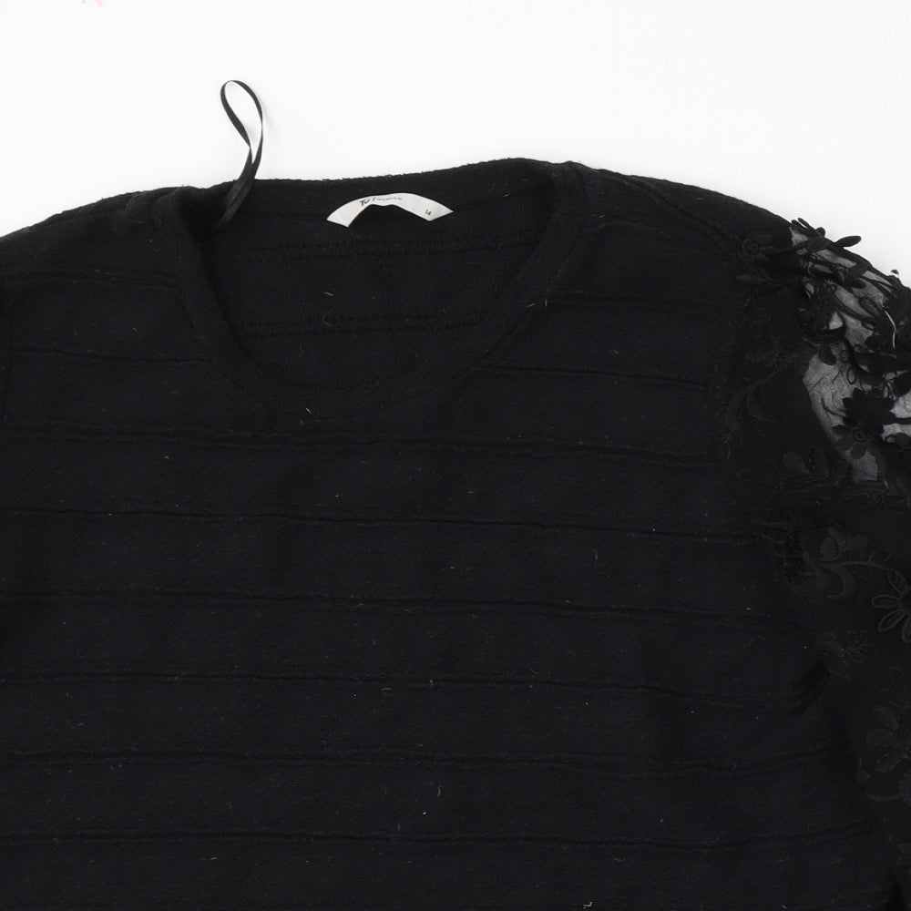 TU Womens Black Round Neck Floral Cotton Pullover Jumper Size 14