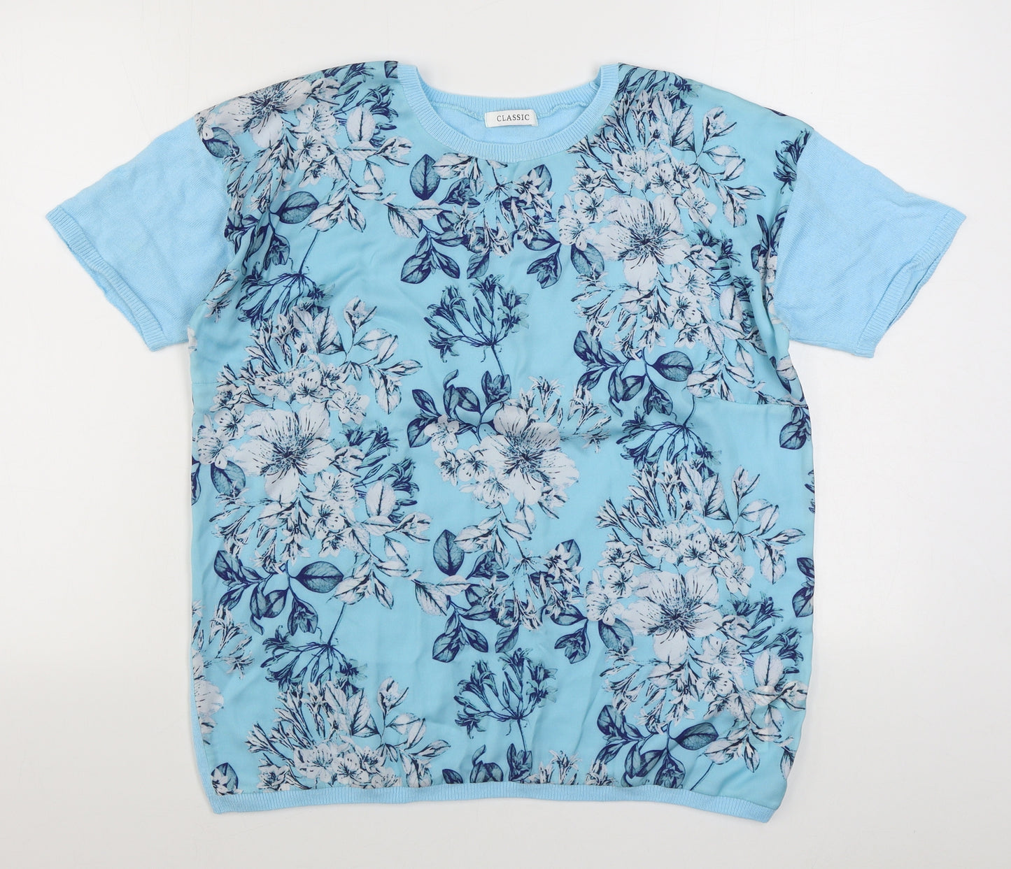 Marks and Spencer Womens Blue Floral Cotton Basic Blouse Size 16 Round Neck